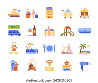 Set von Resort Hotel Verwandte bunte Icons. Helle Schilder mit Apartmentreservierungen, Buffet, Transfer zum Hotel, Strand und kostenloses WLAN. Cartoon flache Vektor-Sammlung isoliert auf weißem Hintergrund