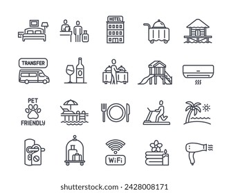 Set of Resort Hotel Related Line Icons. Thin signs with hotel, transfer, luggage, buffet and beach. Tourism and travel. Editable Stroke. Outline simple vector collection isolated on white background