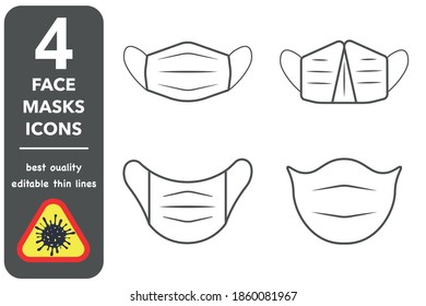 Set von Atemschutzcreme-Atemschutzcreme1, N95, Gewebe, chirurgische Masken, Atemschutzgerät zum Schutz vor Staub, Luftverschmutzung, Krankheit, Virusverhütung, Grippeschutz, flache Vektorgrafik