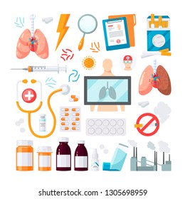Set of respiratory vector icons in flat style. Elements for medical infographics.