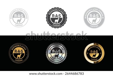 Set of Responsible Alpaca Standard R.A.S icon, stamp, seal, symbol and logo in minimal, gold, silver design vector
