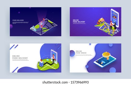 Conjunto de diseño de página de aterrizaje con pedido de comida en línea o aplicación de servicio de entrega en smartphone.