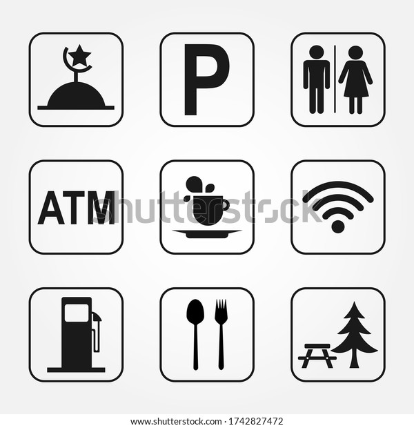 Set of Rest area\
sign vector illustration, Symbols for urban areas, Professional\
icon set in flat style.	