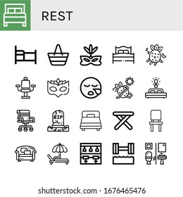 Set of rest icons. Such as Bed, Beach bag, Eye mask, Sleeping, Chair, Sunbathing, Grave, Stool, Sofa, Deck chair, Bar stool, Hydrotherapy, Restroom , rest icons