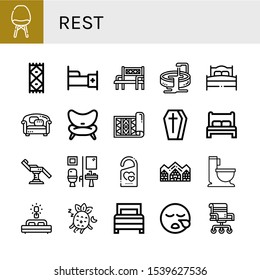 Set of rest icons. Such as Chair, Carpet, Bed, Bench, , Sofa, Coffin, Restroom, Do not disturb, Hotel de glace, Wc, Sleeping , rest icons