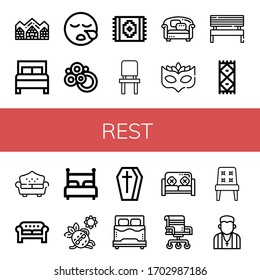 Set of rest icons. Such as Hotel de glace, Bed, Sleeping, Carpet, Chair, Sofa, Eye mask, Bench, Sunbathing, Coffin, Pastor , rest icons