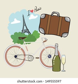 Set for rest. Walk on the bike. Journey. Suitcase. I love Paris. vector illustration