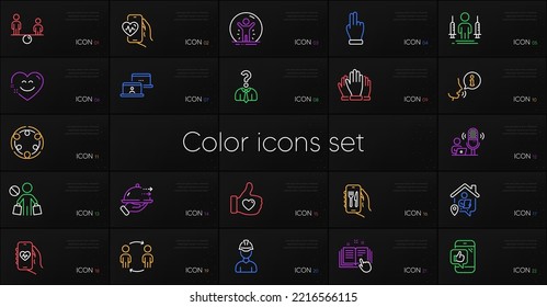 Set Of Restaurant App, Work Home And Equity Line Icons. Include Recovered Person, Like Hand, Health App Icons. Smile Chat, Vote, Stop Shopping Web Elements. Hiring Employees, Mobile Like. Vector