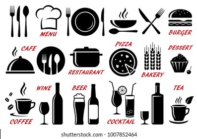 set of restaurant, cafe icons with utensil, cutlery, food and alcohol