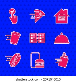 Set Restaurant cafe menu, Online ordering and delivery, Covered with tray of food, hotdog, Coffee cup to go,  and  icon. Vector