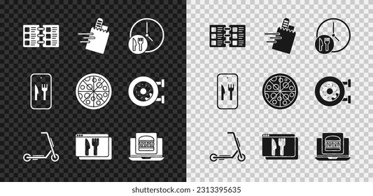 Set Restaurant cafe menu, Online ordering and delivery, Round the clock, Scooter, burger,  and Pizza icon. Vector