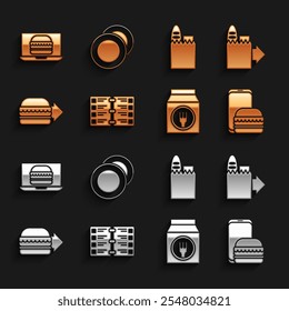 Establecer menú de cafetería del restaurante, pedidos y entrega en línea, hamburguesa, bolso de compras, comida e icono de plato. Vector