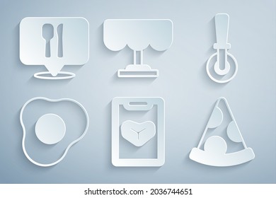 Set Restaurant cafe menu, Pizza knife, Scrambled eggs, Slice of pizza, Wooden table and Cafe and restaurant location icon. Vector