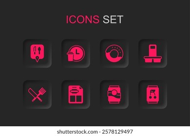 Set Restaurant cafe menu, Round the clock delivery, Cafe and restaurant location, Soda can, Coffee cup to go, Donut and Crossed knife fork icon. Vector