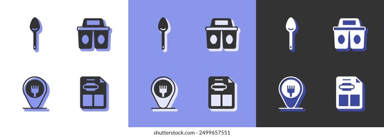 Set Restaurant cafe menu, Spoon, Cafe and restaurant location and Coffee cup to go icon. Vector