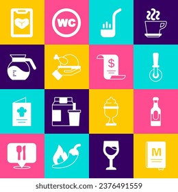 Set Restaurant cafe menu, Wine bottle, Pizza knife, Kitchen ladle, Roasted turkey or chicken, Coffee pot,  and Paper financial check icon. Vector
