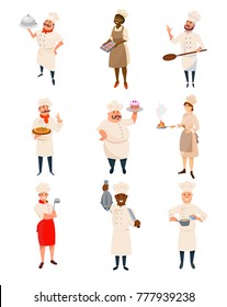 Set of restaurant chefs with kitchenware and dishes in hands. Professional kitchen workers. Men and women characters in cook uniform with hat. Flat vector design