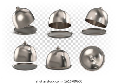 Set of restaurant cloche (serving dome). Silver serving dome. Different perspectives, views. Vector 3d realistic illustration isolated on white background.