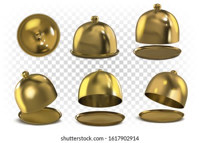 Set of restaurant cloche (serving dome). Gold serving dome. Different perspectives, views. Vector 3d realistic illustration isolated on white background.