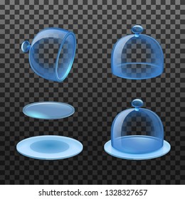 Set of restaurant cloche of transparent glass - close, open. Vector illustration isolated on transparent background.