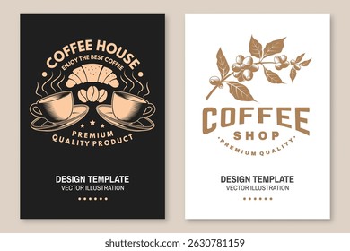 Set of Restaurant and Coffee shop flyer, poster, banner design. Vector. Concept for cafe and restaurant logo, brand, label with coffee beans, cup, croissant, branch of coffee tree. International