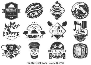 Conjunto de logotipo de restaurante e cafeteria. Vetor. Projeto gráfico vintage para logotipo com placa, bife, cloche com tampa, garfo e faca, xícara de café, ramo de árvore de café, moedor