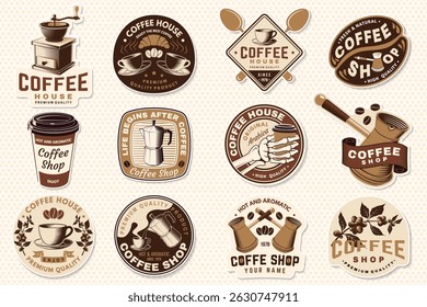 Set of Restaurant and Coffee shop logo. Hot and aromatic. Vector. Concept for cafe and restaurant logo, brand, label with paper coffee cup, branch of coffee tree, grinder