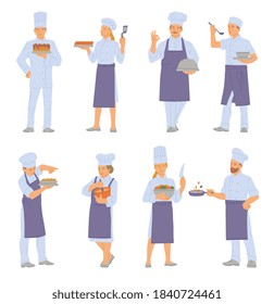 Set of restaurant cooks or chefs male and female characters, flat cartoon vector illustration isolated on white background. Professional cooks in uniform wear.