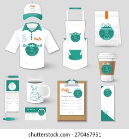 Set of restaurant corporate identity, burgers, uniform, flyer, shirt, cup, menu, package, apron, coffee cup vector illustration