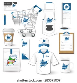 Set of restaurant corporate identity, burgers, uniform, flyer, shirt, cup, cart, menu, package, apron,  coffee cup vector illustration