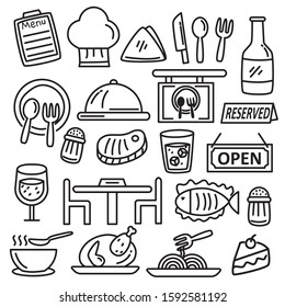 Set of restaurant doodle vector illustration with black and white hand drawn style