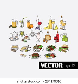 Set of Restaurant food. Big vector set hand drawn illustrations of food. European cuisine. Sketches for the decoration of restaurants, cafes, menus.