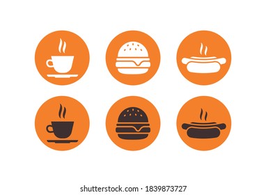 Set of restaurant food icons illustrating tasty hamburger, cup of coffee and hot dog. Beverage symbols. Food and drink sings. Vector flat design illustrations.