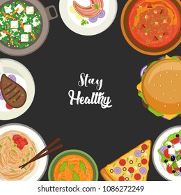 set of restaurant food icons with stay healthy message.