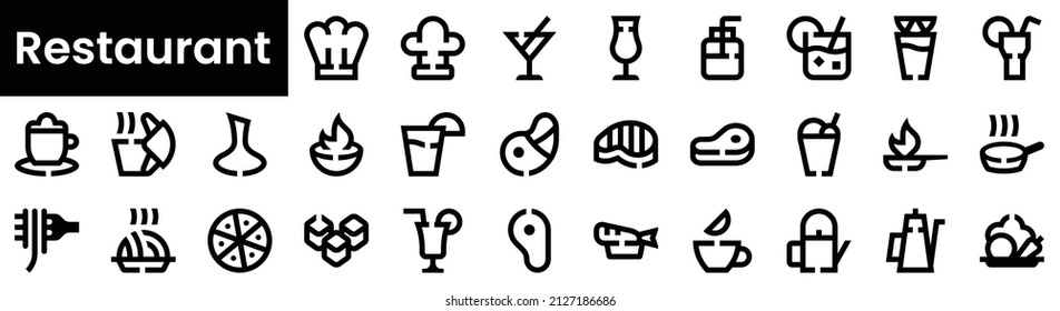 Set of restaurant Icons. Black flat icon collection isolated on white Background