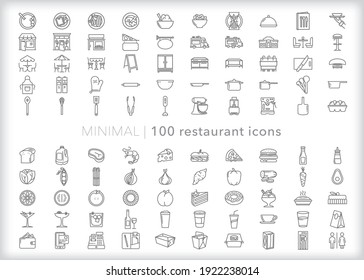 Set of restaurant icons of food, drink, entrees, dishes, kitchen items, ingredients, food prep equipment, to-go and carryout items, menu, place setting and the bill to pay