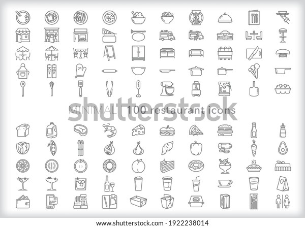 Set of restaurant icons\
of food, drink, entrees, dishes, kitchen items, ingredients, food\
prep equipment, to-go and carryout items, menu, place setting and\
the bill to pay