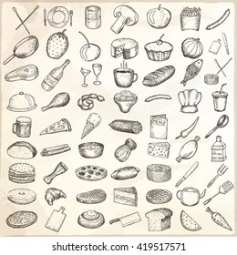 Set of restaurant icons. Hand drawn objects.