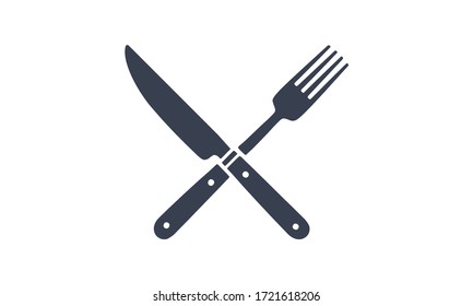 Set of restaurant knife, fork. Silhouette two resraraunt tools, knife, fork. Logo template for food business - restaurant, cafe, food market or design - label, banner, sticker. Vector Illustration