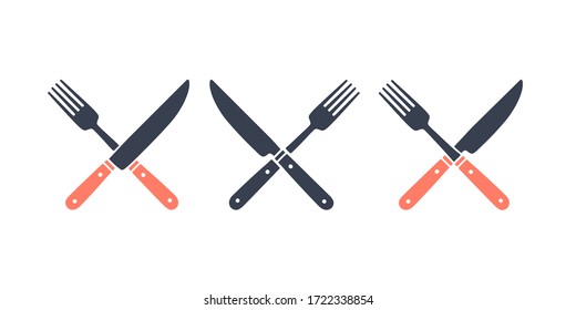 Un juego de cuchillo de restaurante, tenedor. Silhouette dos herramientas de sobrenombre, cuchillo, tenedor. Plantilla de logotipo para el negocio de los alimentos - restaurante, cafetería, mercado de alimentos o diseño - etiqueta, banner, pegatina. Ilustración vectorial