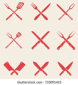 Set of restaurant knives icons. Crossed fork, kitchen spatula, butcher's ax. Design elements for logo, label, emblem, sign, poster, t shirt. Vector illustration
