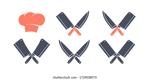 Set of restaurant knives icons, hat chef. Silhouette butcher knives - Cleaver and Chef Knives and hat chef. Logo template for meat business - farmer shop, market or design. Vector Illustration