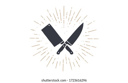 Set of restaurant knives icons. Silhouette two butcher knives - Cleaver and Chef Knives and sunburst. Logo template for meat business - farmer shop, market, butchery or design. Vector Illustration