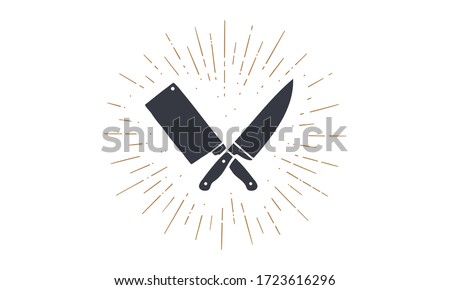 Set of restaurant knives icons. Silhouette two butcher knives - Cleaver and Chef Knives and sunburst. Logo template for meat business - farmer shop, market, butchery or design. Vector Illustration Stock photo © 