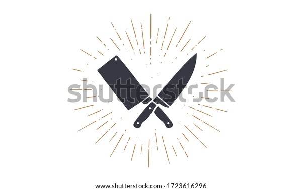 Set of restaurant knives icons. Silhouette\
two butcher knives - Cleaver and Chef Knives and sunburst. Logo\
template for meat business - farmer shop, market, butchery or\
design. Vector\
Illustration