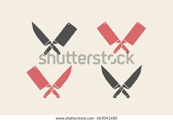 Set of\
restaurant knives icons. Silhouette  - Cleaver and Chef Knives.\
Logo template for meat business - farmer shop, market or design -\
label, banner, sticker. Vector\
Illustration