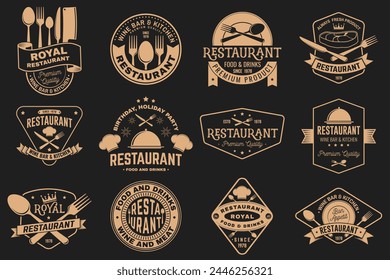 Set of Restaurant logo. Vector Illustration. Vintage graphic design for logotype, label, badge with plate, steak, cloche with lid, fork and knife. Cooking, cuisine logo for menu restaurant or cafe.