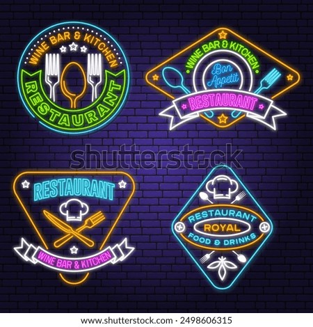 Set of Restaurant logo. Vector Illustration. Neon glowing sign with plate, steak, cloche with lid, fork and knife. Cooking, cuisine logo for menu restaurant or cafe.