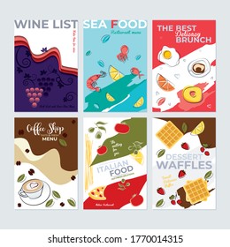 Set of restaurant menu and brochure design templates. Vector illustrations for food and drink marketing material, cover design and wine list