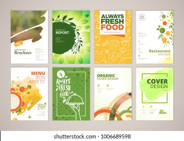 Set of restaurant menu, brochure, flyer design templates in A4 size. Vector illustrations for food and drink marketing material, ads, natural products presentation templates, cover design.
